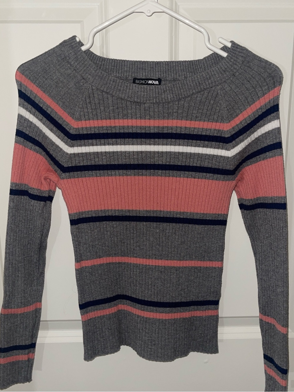 Fashion Nova Gray & Pink Stripes For Days Sweater